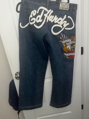 Ed Hardy Dark Blue Denim Jeans with White Logo and Multicolor Tattoo Graphic